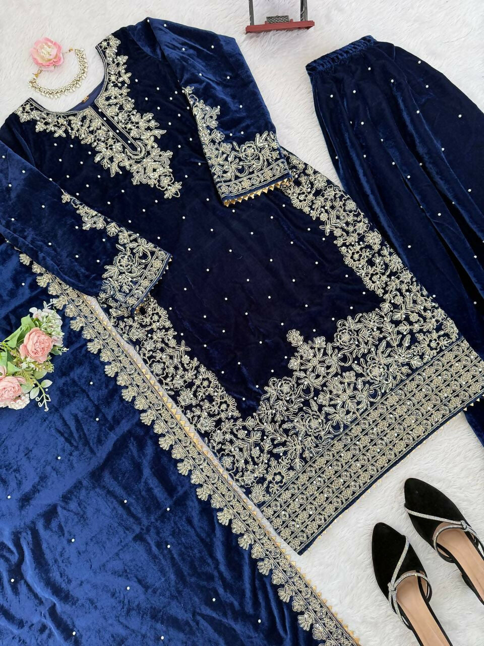 Vastranavya Blue Viscose Velvet Cording Sequence With Moti Work Top-Bottom With Dupatta - Distacart