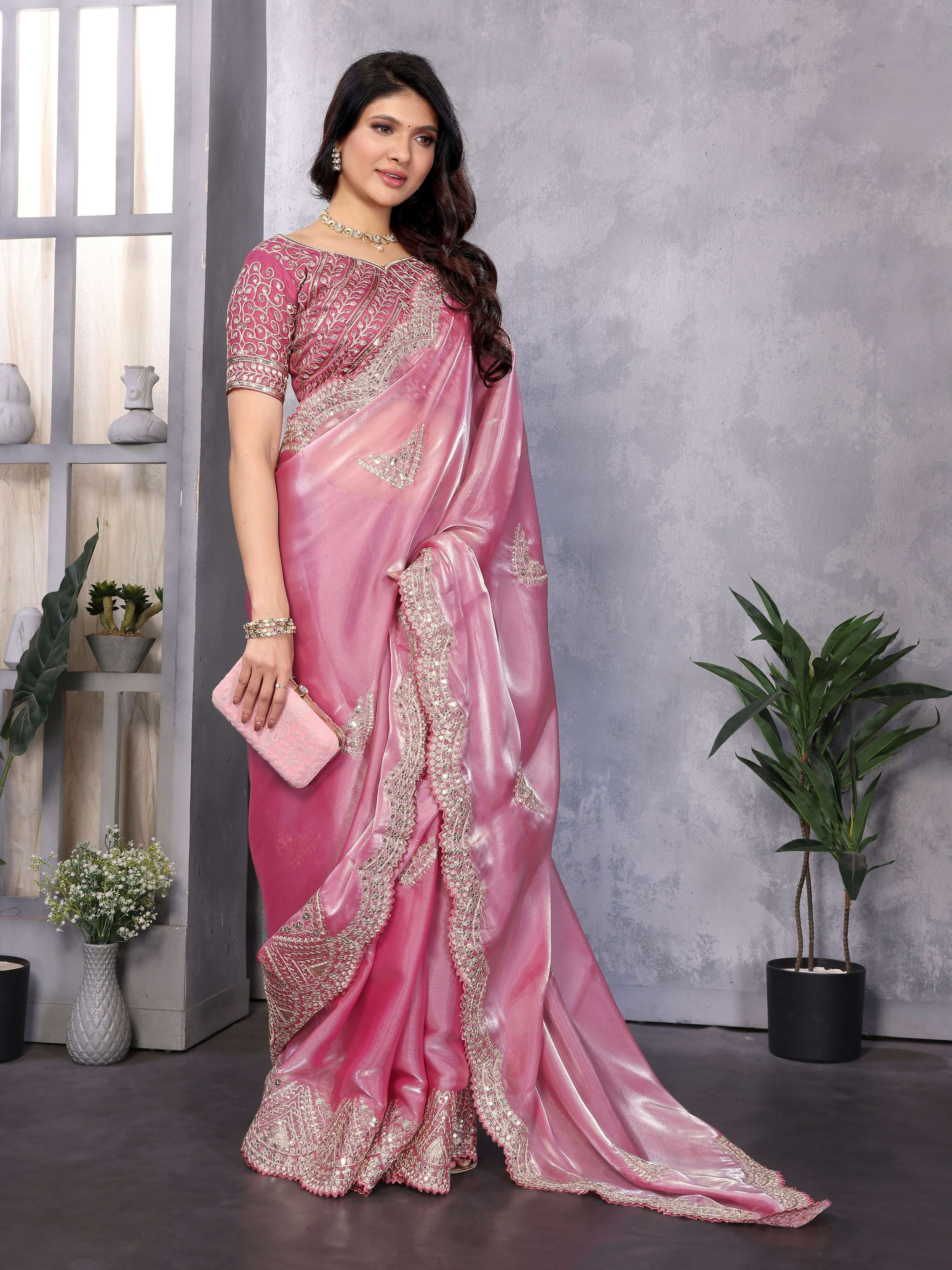 Vastranavya Baby Pink Embroidery Work Shimmer Chiffon Saree with Unstitched Blouse - Distacart