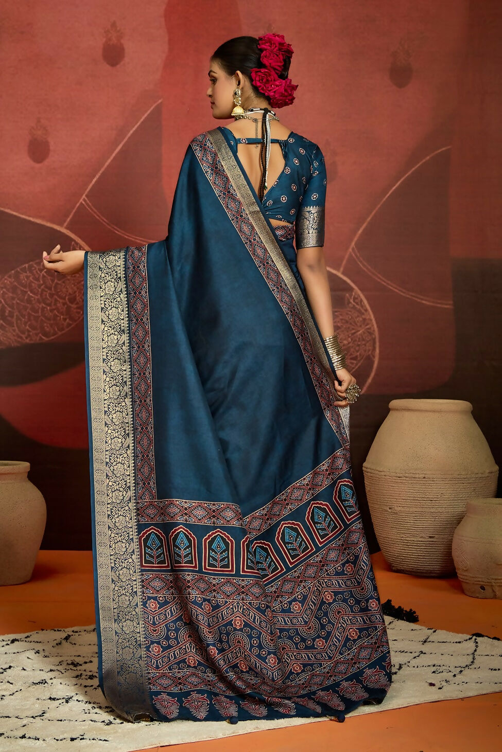 Joban Fashion Teal Blue Art Silk With Fine Viscose Border Ajrak Full Body Print With Soft Finish Saree - Distacart