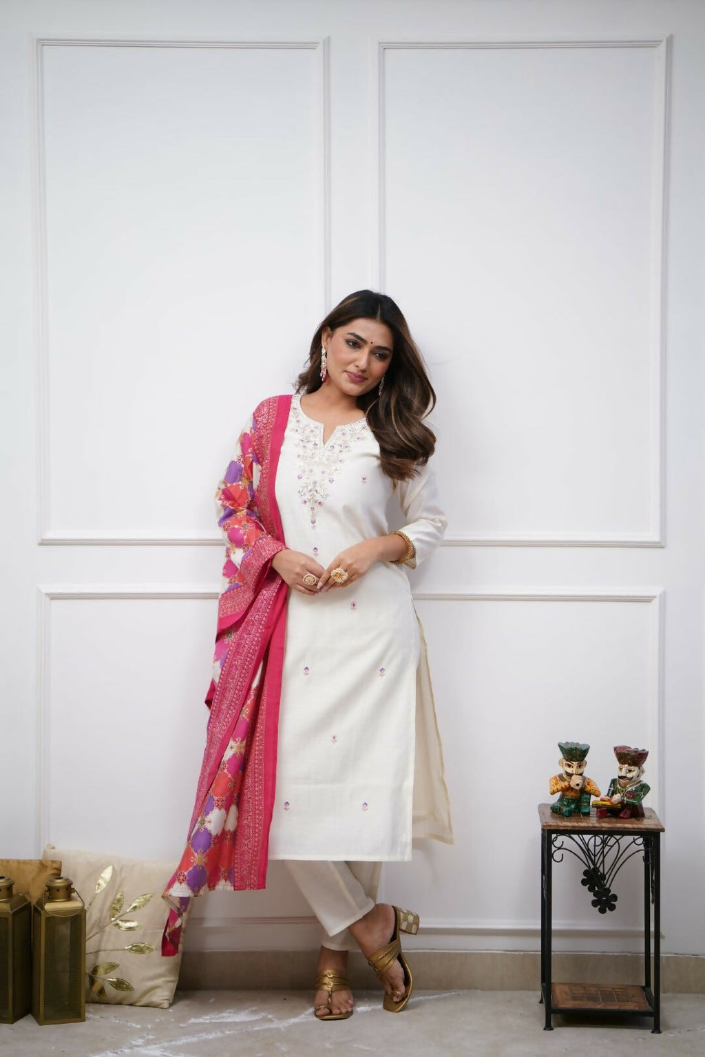 The52 Off White Beautiful Embroidered Viscose Chanderi Fabric Straight Kurta Pant with Dupatta Set - Distacart