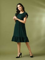 Myshka Women's Green Embroidered Cotton Round Neck A-Line Party Dress - Distacart