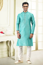 Raivat Ethnic Jacquard Banarasi Silk Thread Work Kurta Pajama In Teal Green Colour