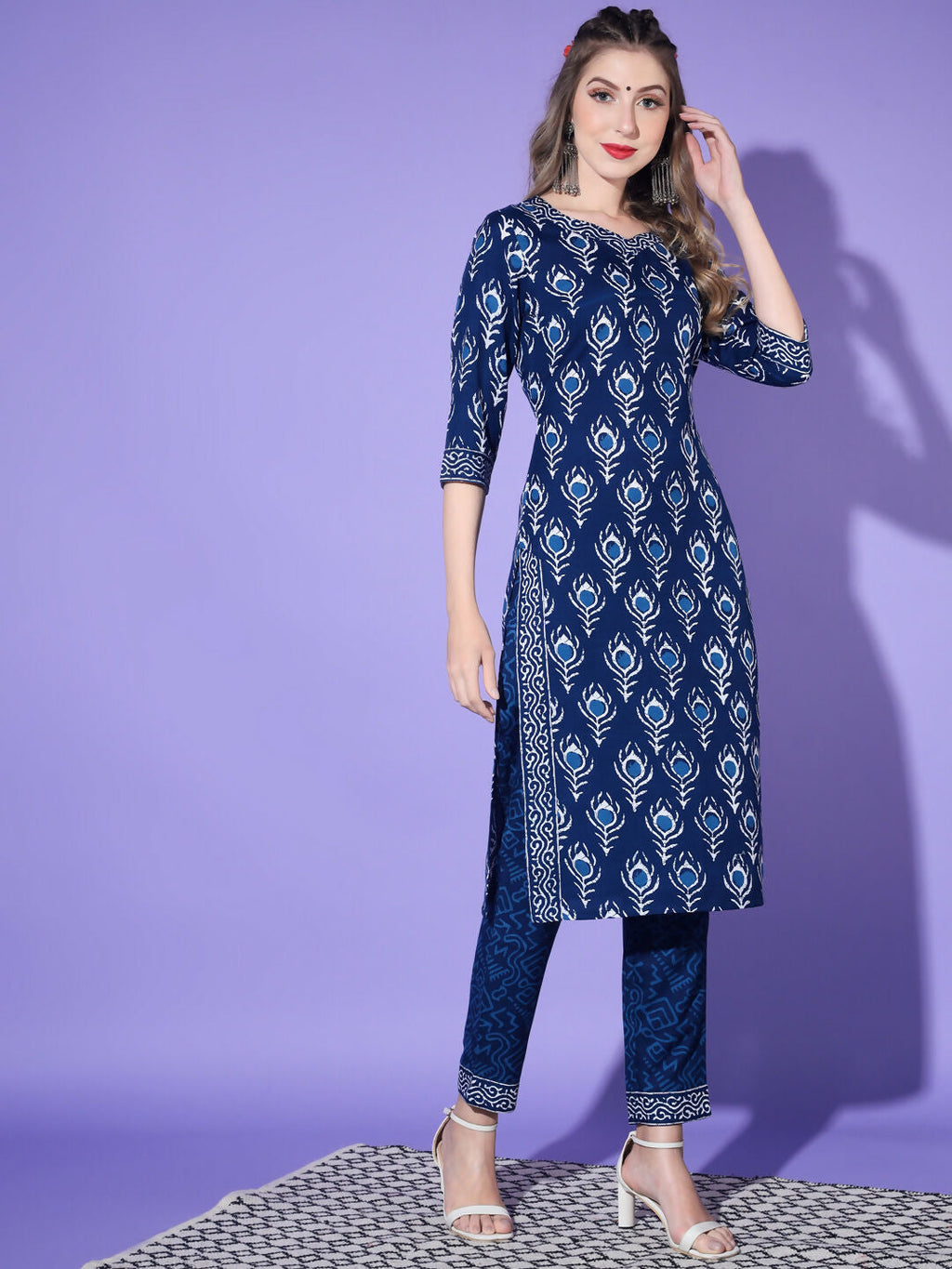 Vamika Poly Rayon Printed Royal Blue Party Wear/Casual Wear/Office Wear Kurta Set/Suit