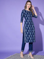Vamika Poly Rayon Printed Royal Blue Party Wear/Casual Wear/Office Wear Kurta Set/Suit