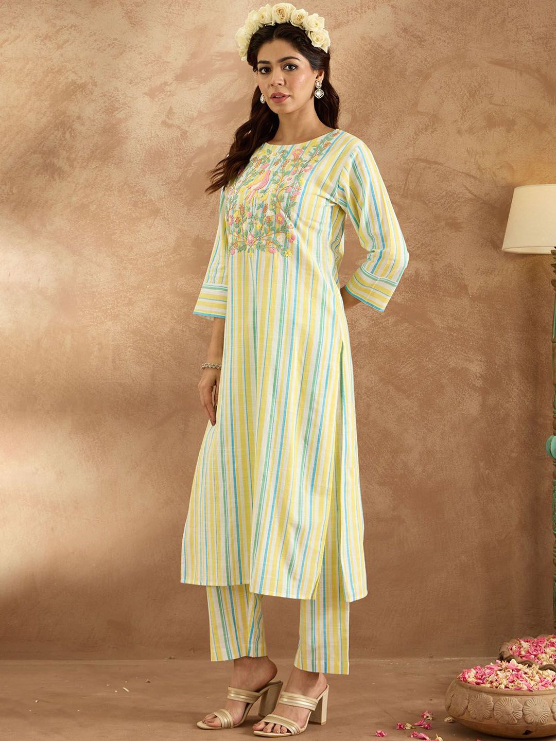 Indo Era Women Floral Embroidered Regular Thread Work Pure Cotton Kurta with Trousers - Distacart