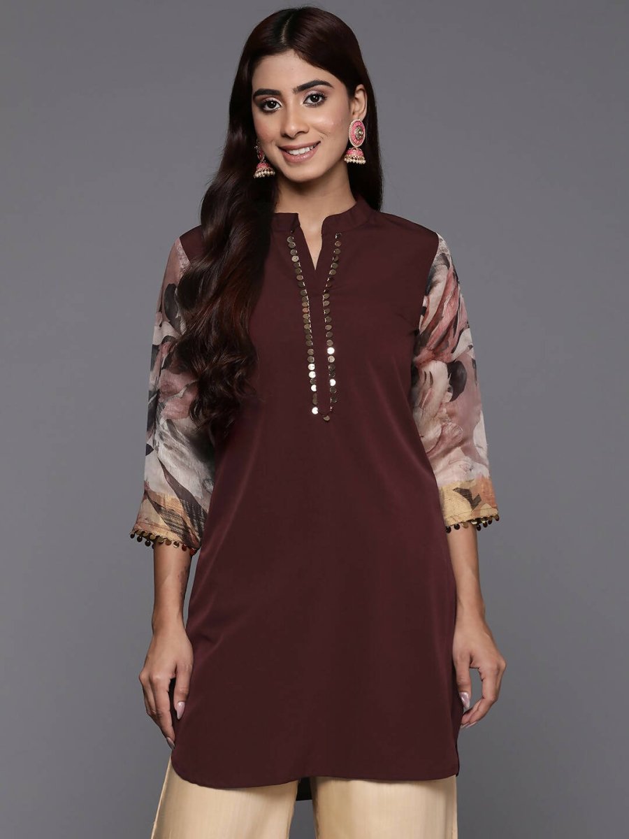 Ahalyaa Brown & Gold-Toned Mandarin Collar Printed Tunic - Brown Color