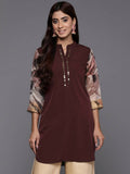 Ahalyaa Brown & Gold-Toned Mandarin Collar Printed Tunic - Brown Color
