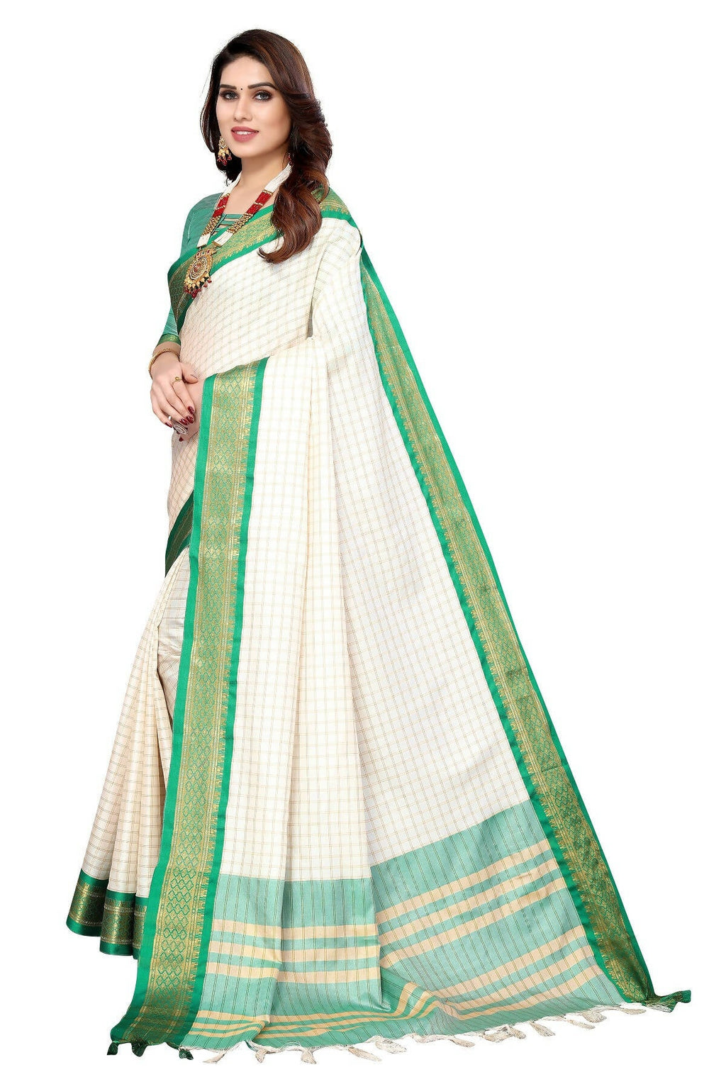 Vamika Weaving White Cotton Silk Saree (DEVAL GREEN) - Distacart