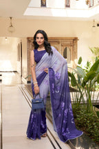 Vastranavya Purple Weightless Marble Printed & Trim Lace Border Saree with Unstitched Blouse