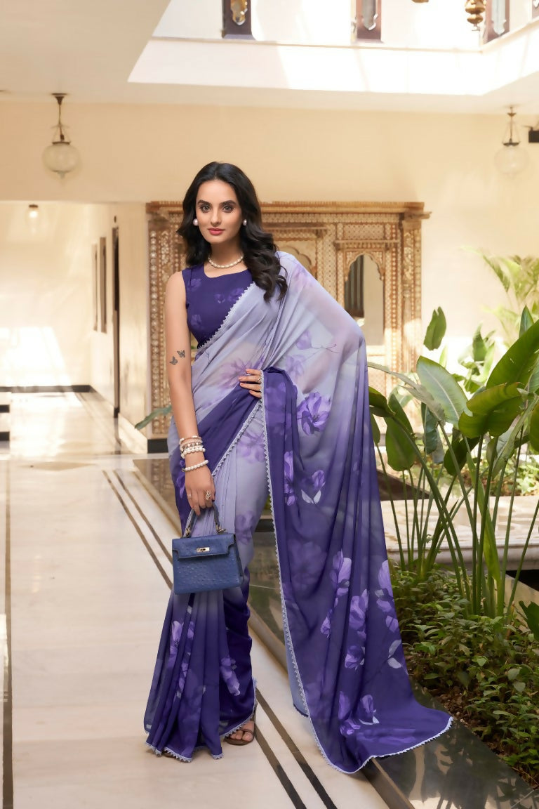 Vastranavya Purple Weightless Marble Printed & Trim Lace Border Saree with Unstitched Blouse
