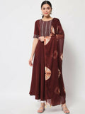 FIORRA Women's Maroon Poly Crepe Flared Kurta With Dupatta