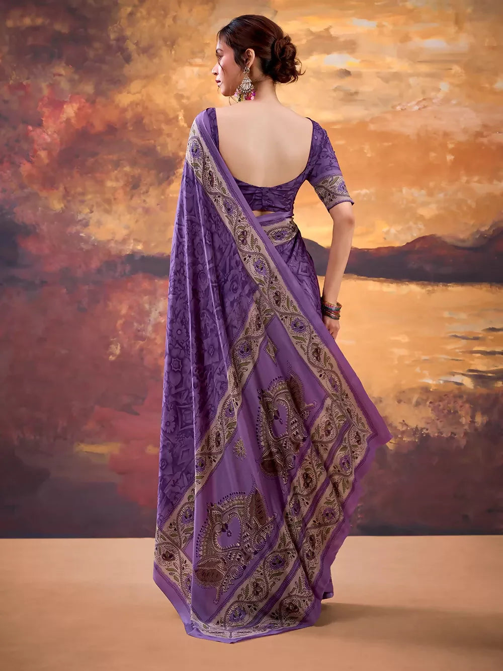 Vastranavya Purple Crepe Printed Saree with Unstitched Blouse - Distacart