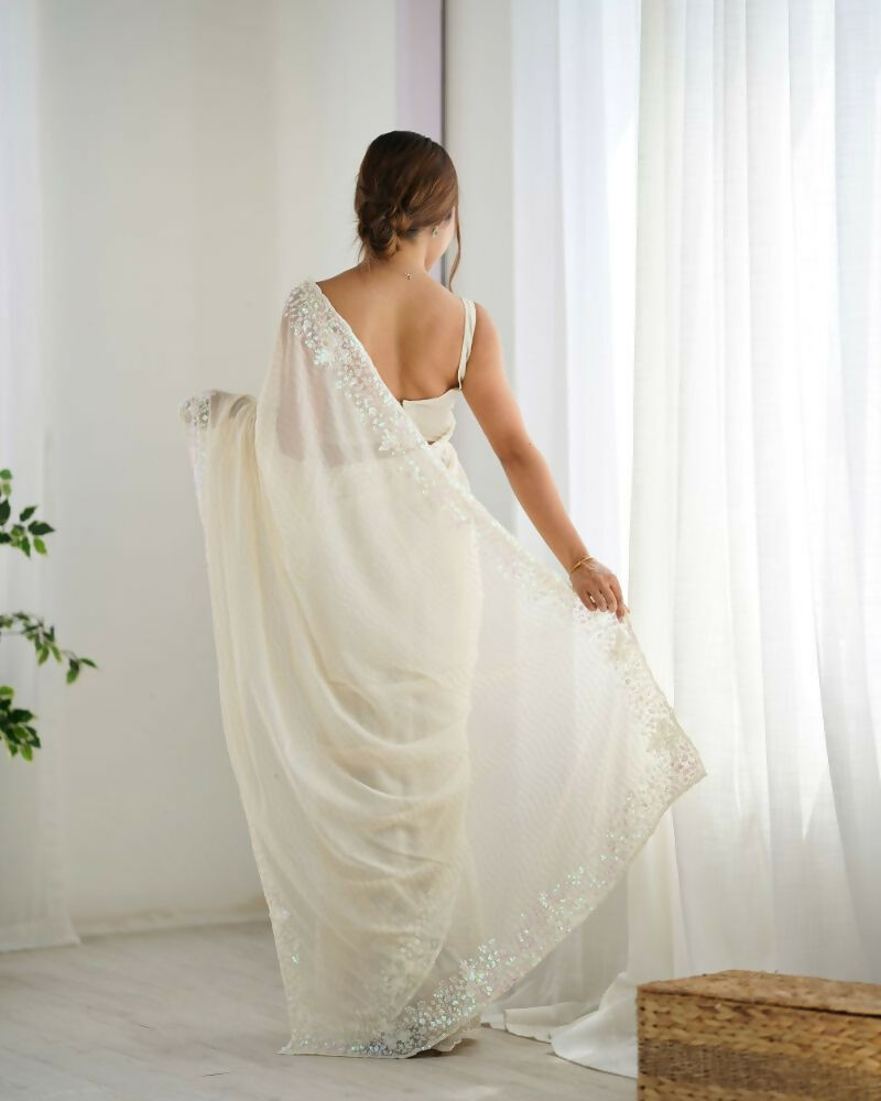 Georgette Designer Sequance Embroidery Work Party Wear Saree - Cream