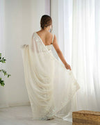 Georgette Designer Sequance Embroidery Work Party Wear Saree - Cream