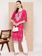 Yufta Hot Pink Floral Embroidered Pure Cotton Kurta