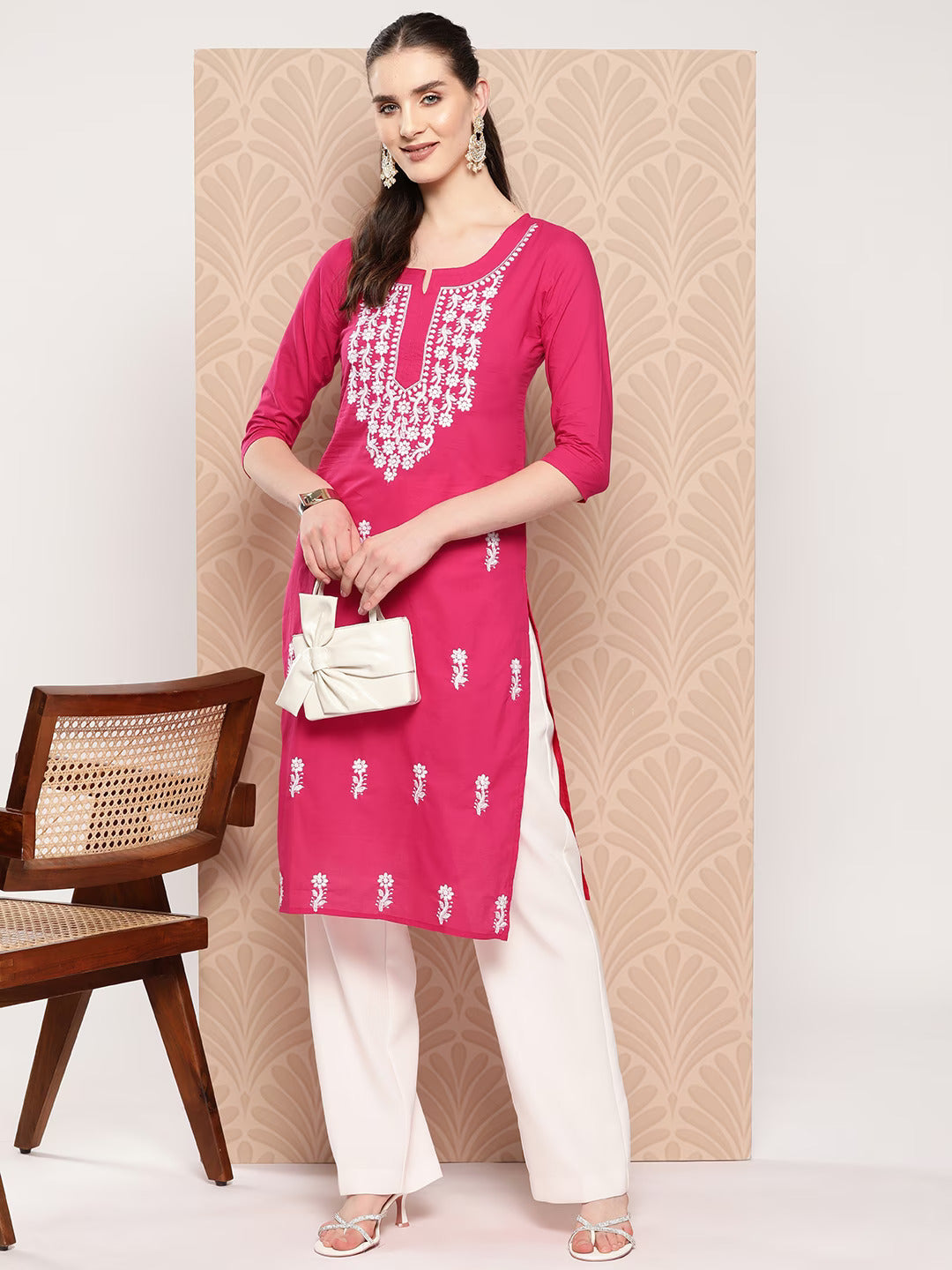 Yufta Hot Pink Floral Embroidered Pure Cotton Kurta