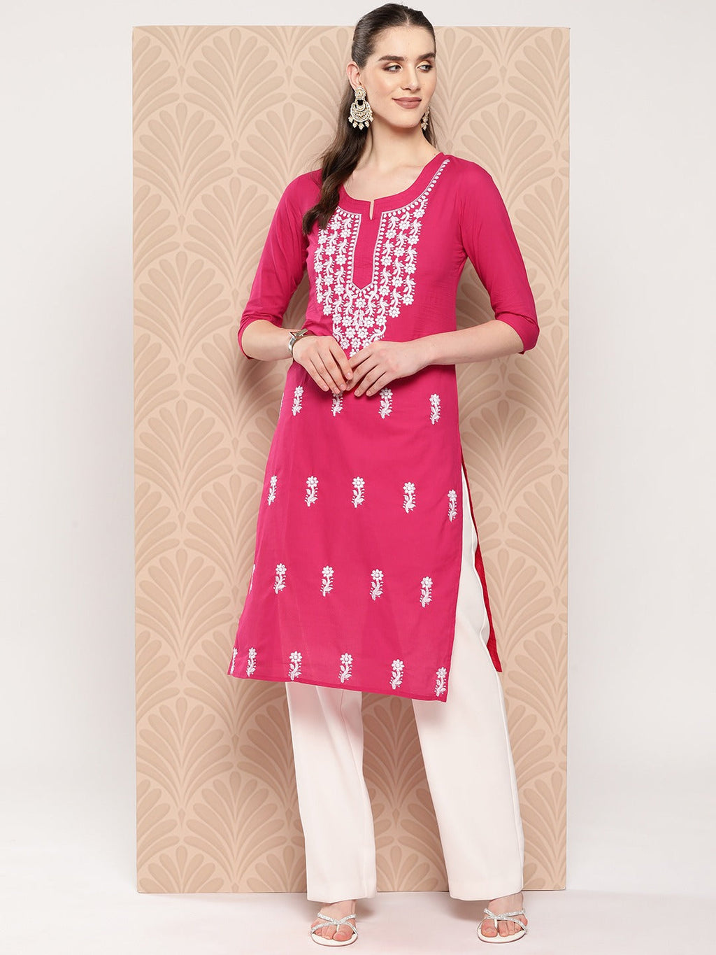 Yufta Hot Pink Floral Embroidered Pure Cotton Kurta