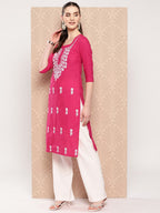 Yufta Hot Pink Floral Embroidered Pure Cotton Kurta