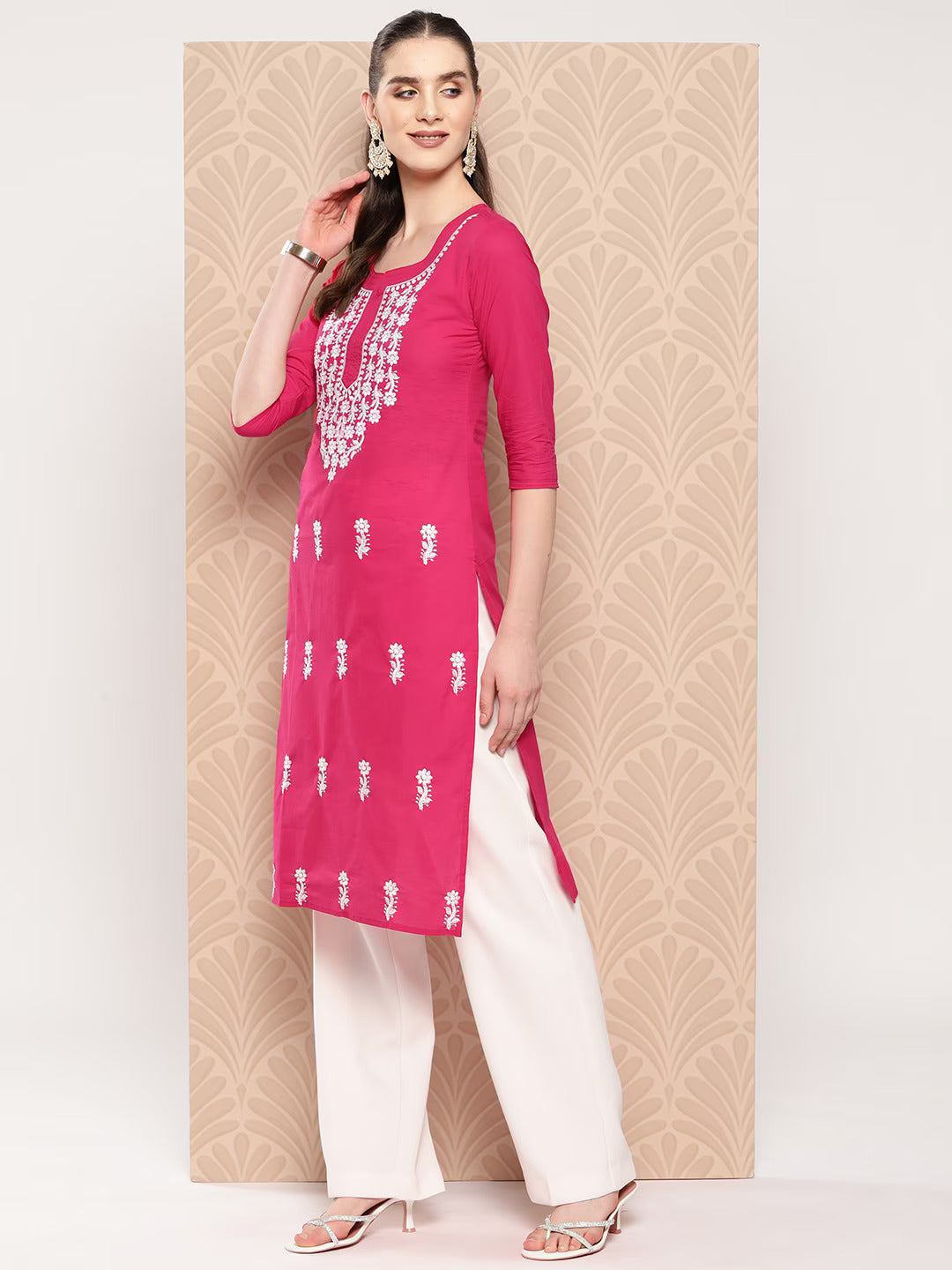 Yufta Hot Pink Floral Embroidered Pure Cotton Kurta