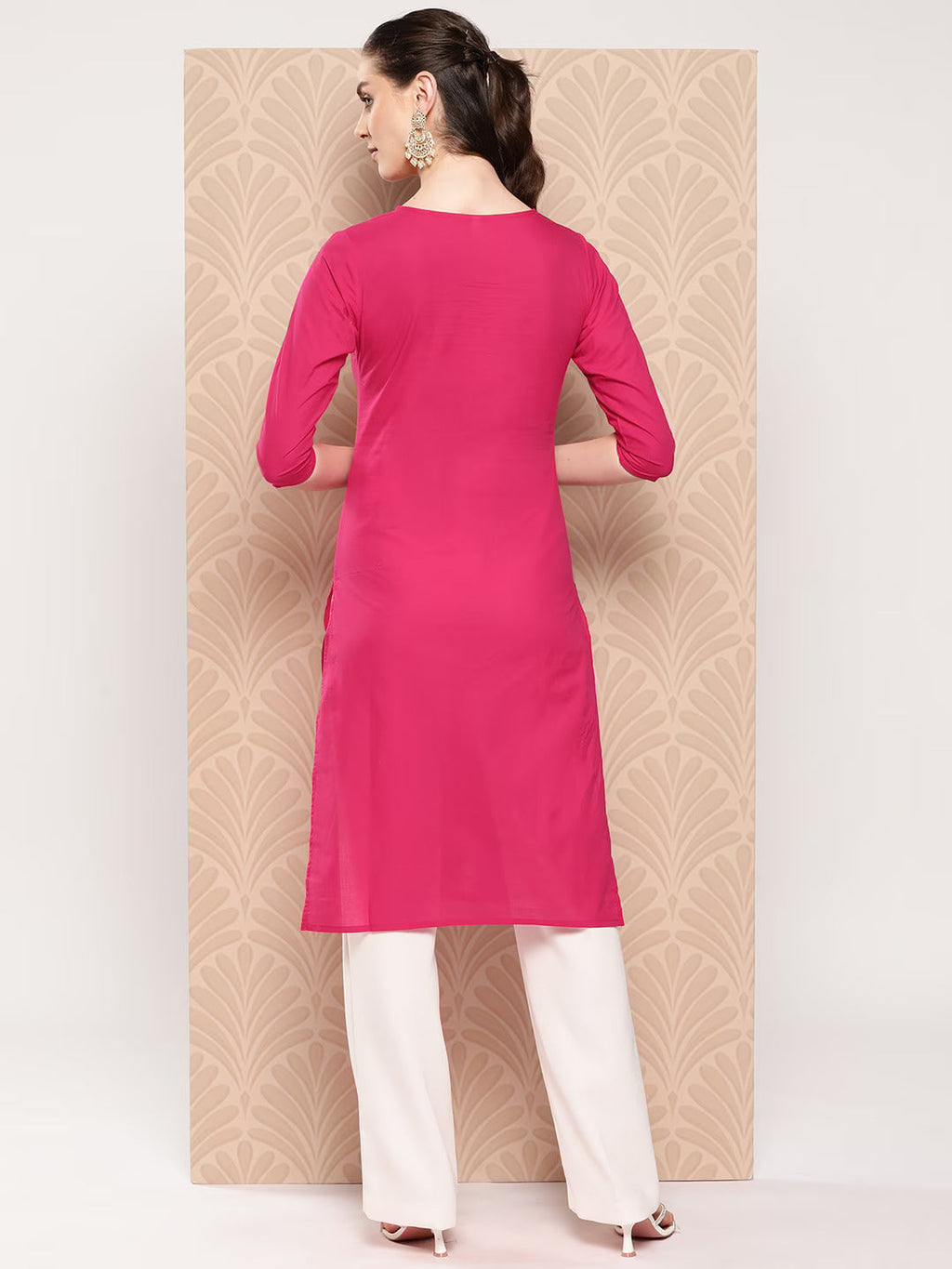 Yufta Hot Pink Floral Embroidered Pure Cotton Kurta