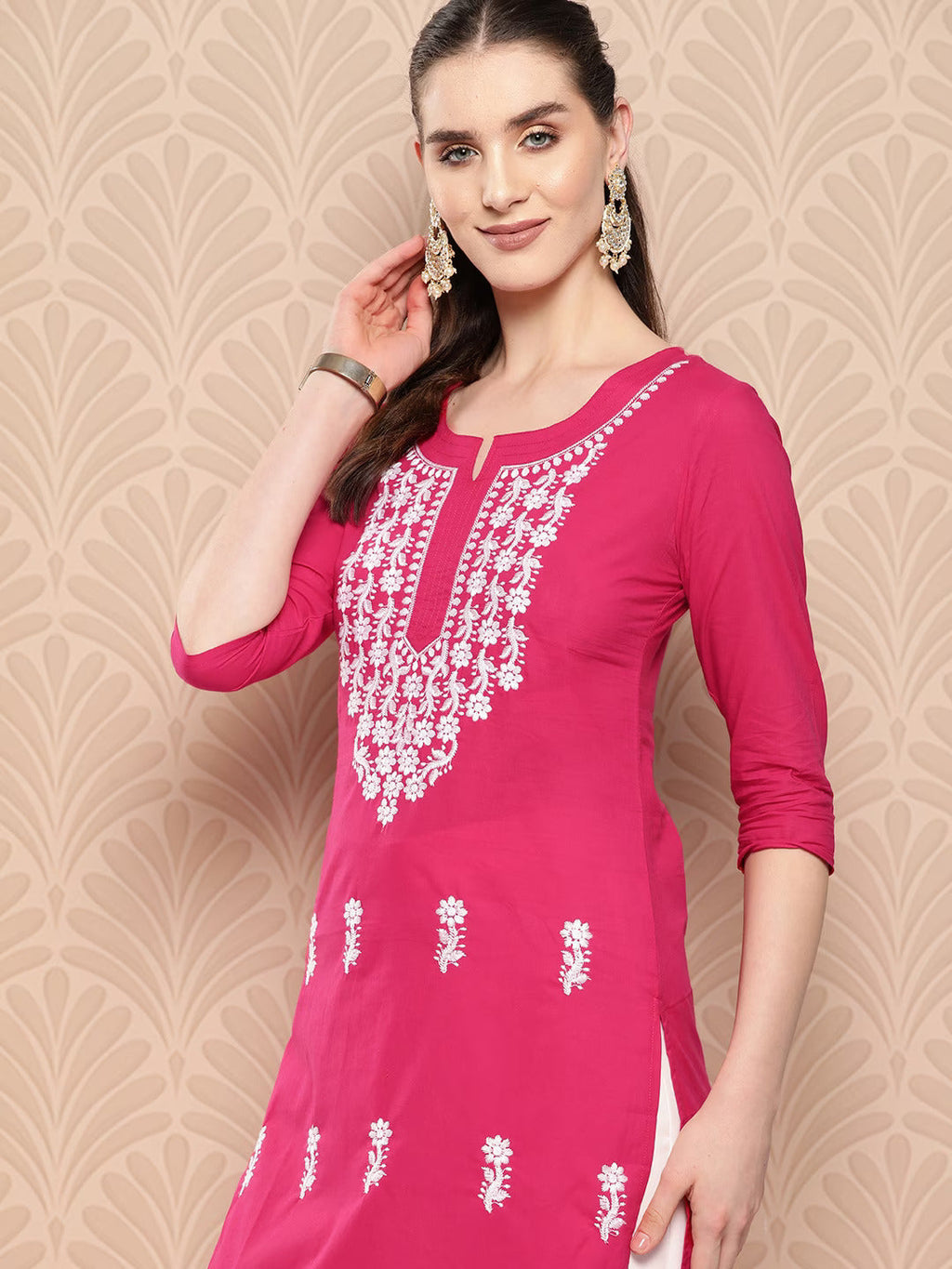 Yufta Hot Pink Floral Embroidered Pure Cotton Kurta
