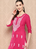 Yufta Hot Pink Floral Embroidered Pure Cotton Kurta