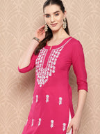 Yufta Hot Pink Floral Embroidered Pure Cotton Kurta