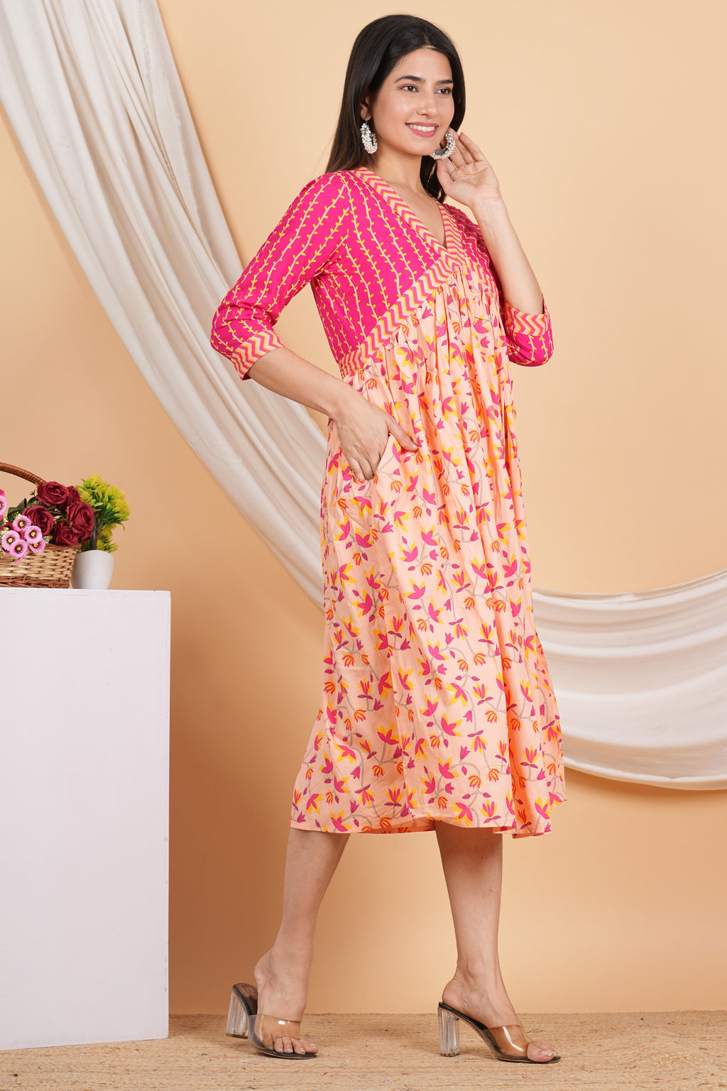 House of RP Women Rayon Peach Floral Printed Dress - Distacart