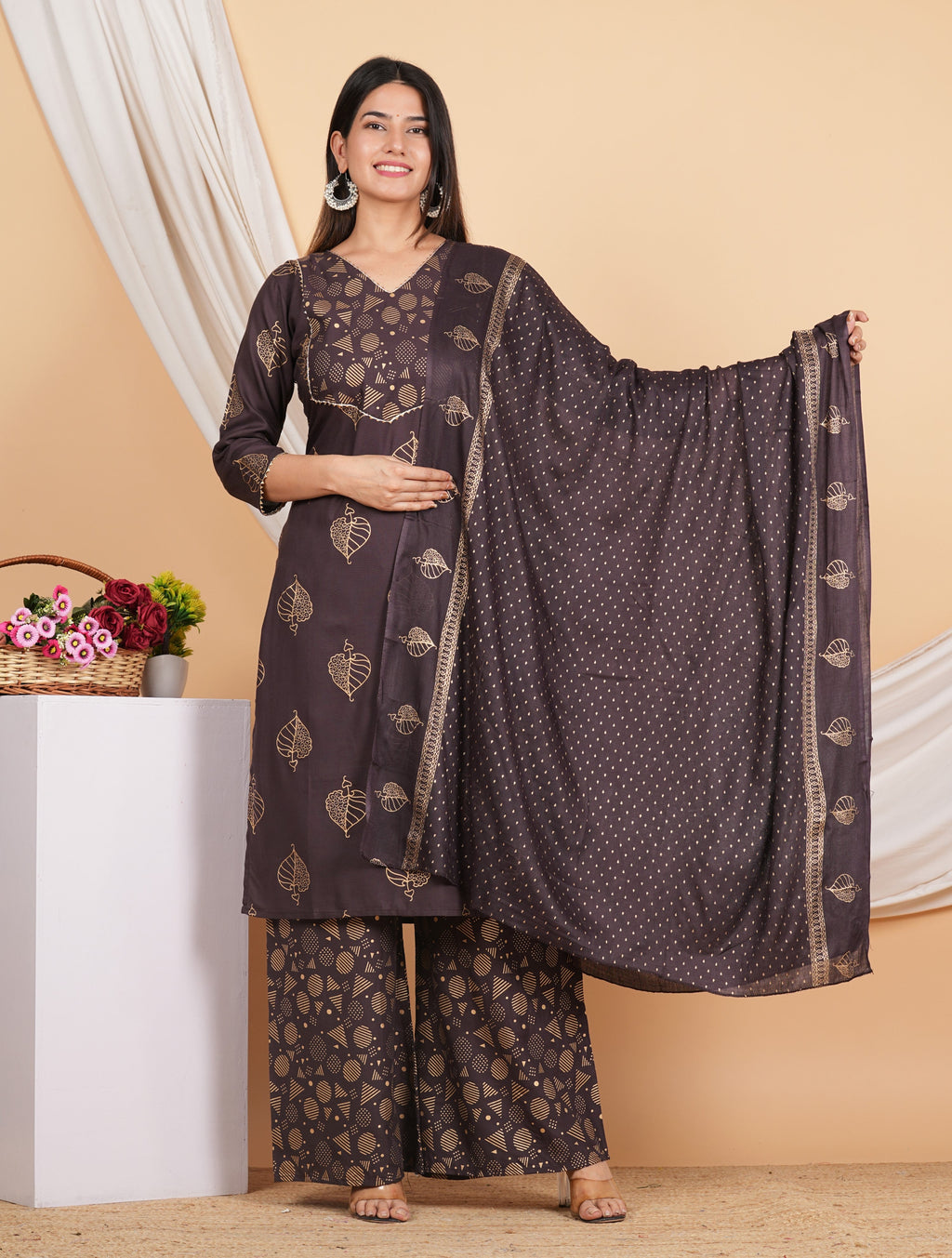 House of RP Wine Rayon Floral Print Kurta, Palazzo & Dupatta Set