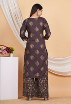 House of RP Wine Rayon Floral Print Kurta, Palazzo & Dupatta Set