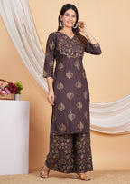 House of RP Wine Rayon Floral Print Kurta, Palazzo & Dupatta Set