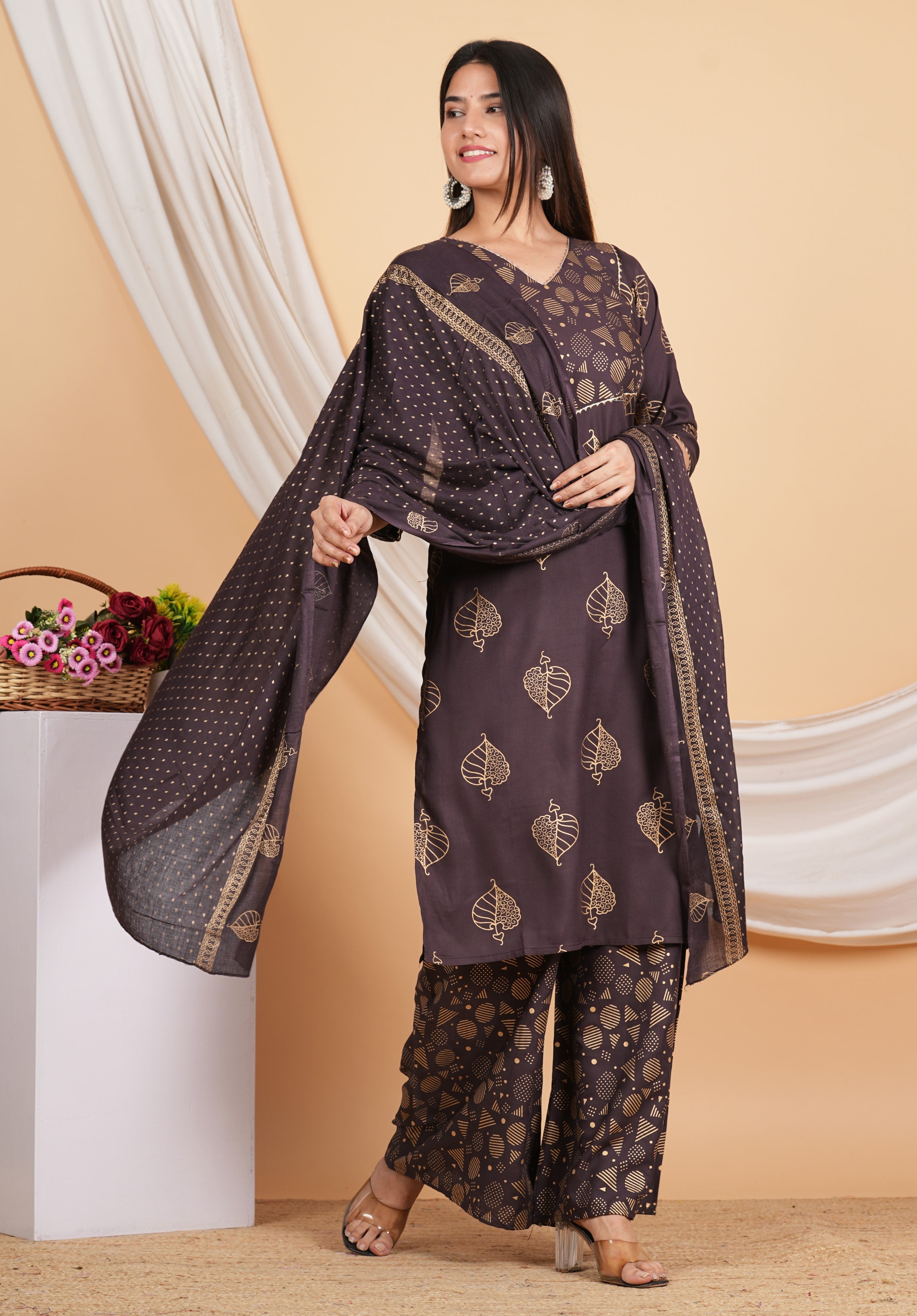 House of RP Wine Rayon Floral Print Kurta, Palazzo & Dupatta Set