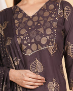 House of RP Wine Rayon Floral Print Kurta, Palazzo & Dupatta Set