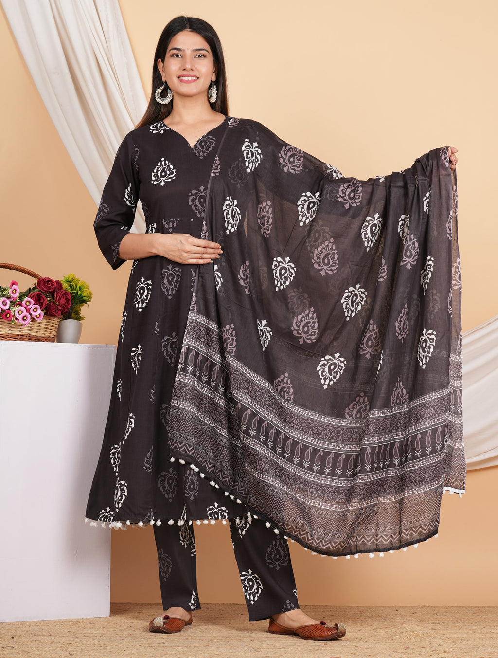 House of RP Wine Rayon Floral Print Kurta, Palazzo & Dupatta Set
