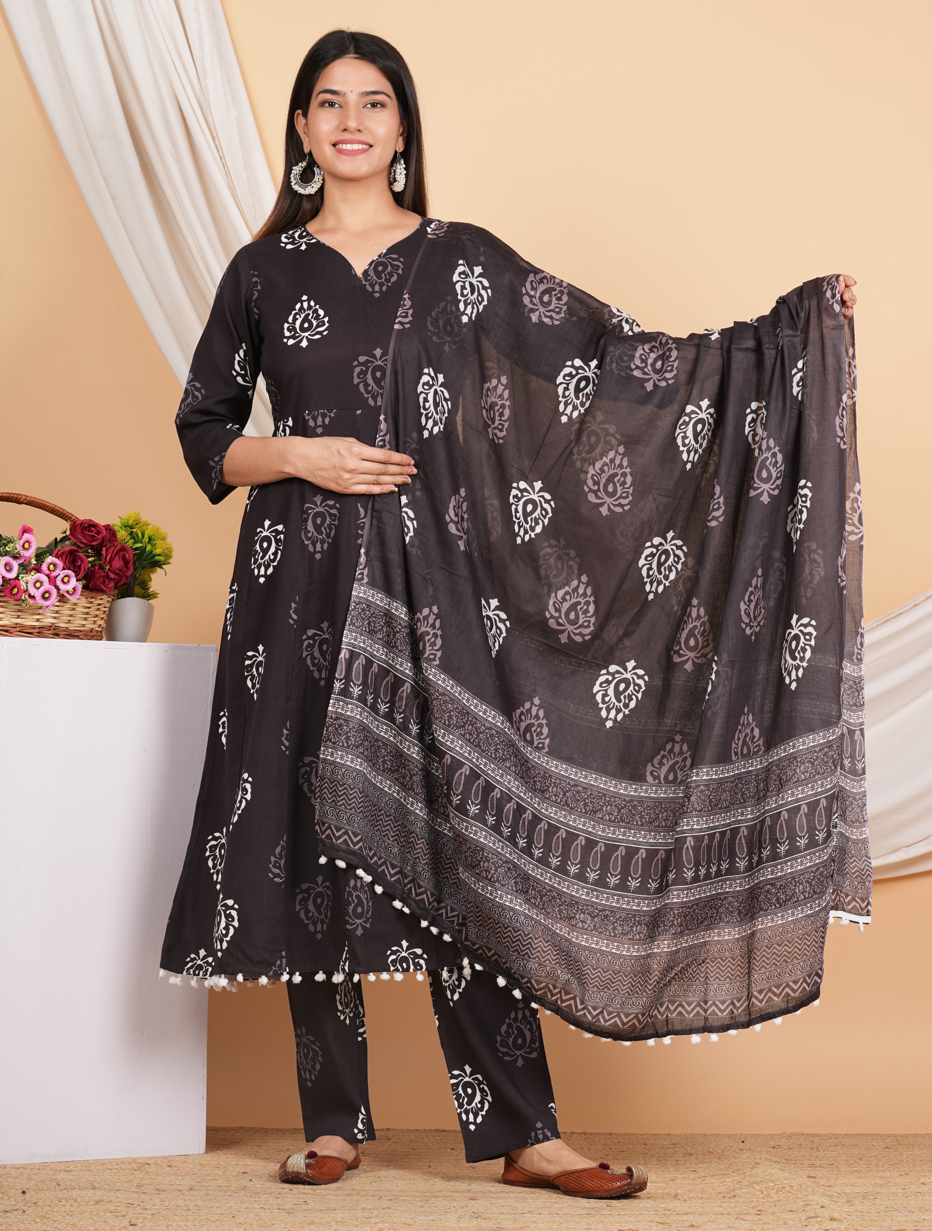 House of RP Wine Rayon Floral Print Kurta, Palazzo & Dupatta Set