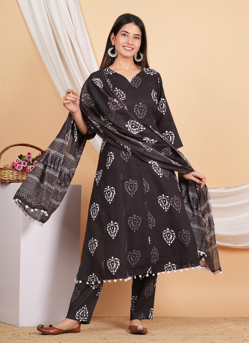 House of RP Wine Rayon Floral Print Kurta, Palazzo & Dupatta Set