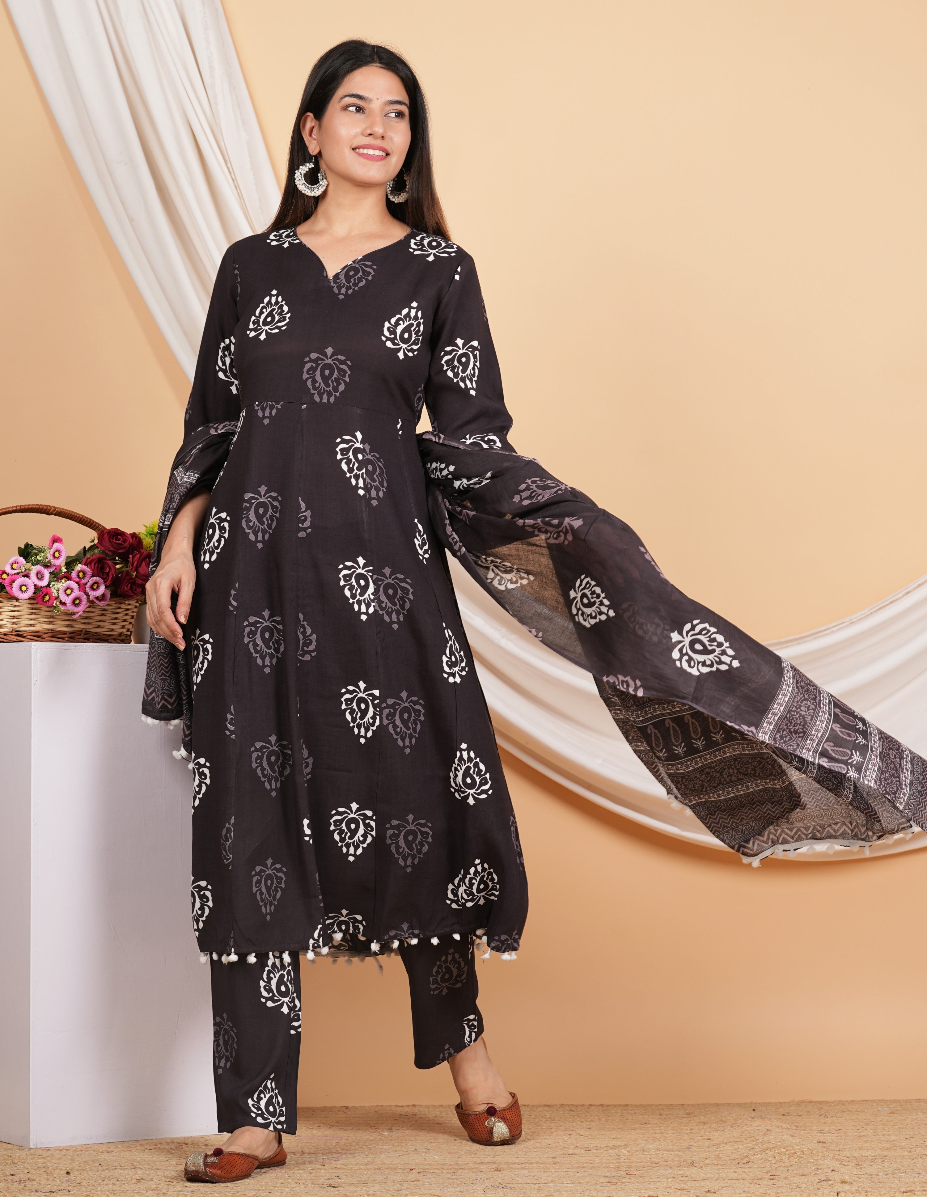 House of RP Wine Rayon Floral Print Kurta, Palazzo & Dupatta Set