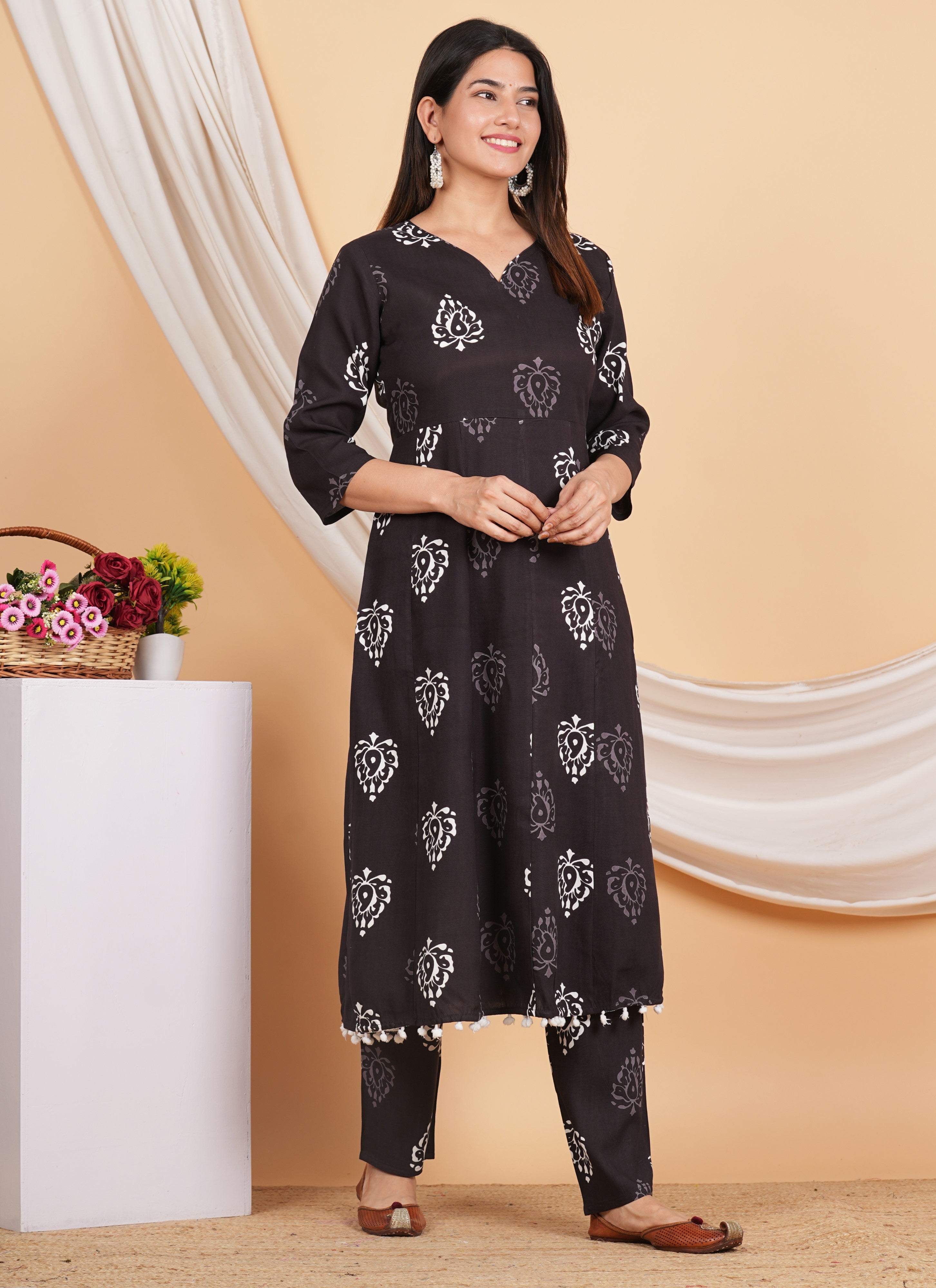 House of RP Wine Rayon Floral Print Kurta, Palazzo & Dupatta Set