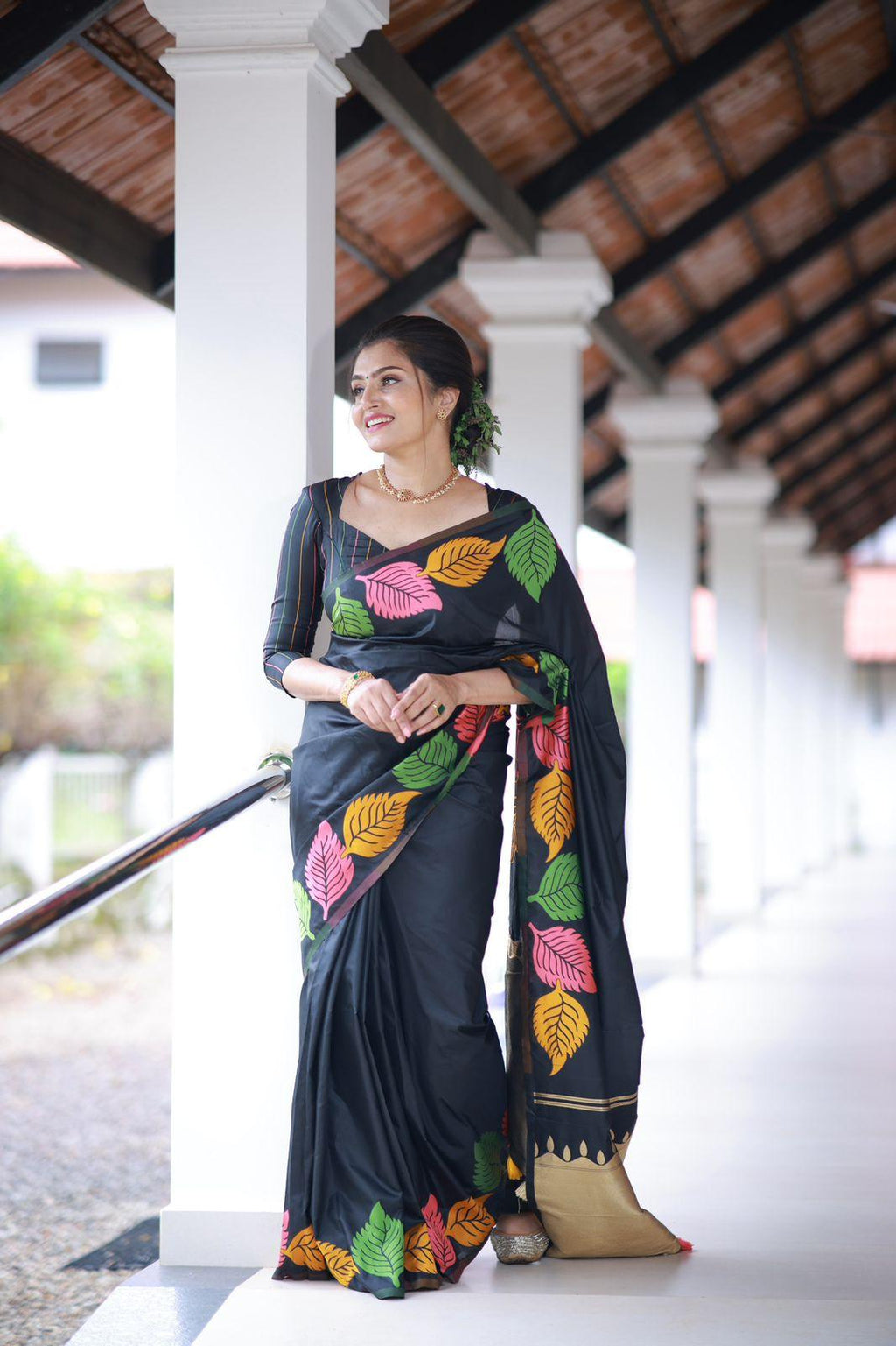 Black Pure Silk Woven Design Saree with Unstitched Blouse - Hiral Fashion