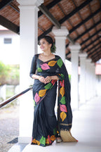 Black Pure Silk Woven Design Saree with Unstitched Blouse - Hiral Fashion