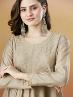 The52 Chiku Women's Beautiful Vichitra Silk Fabric Embroidered Work Flared Anarkali Pant and Dupatta Set - Distacart