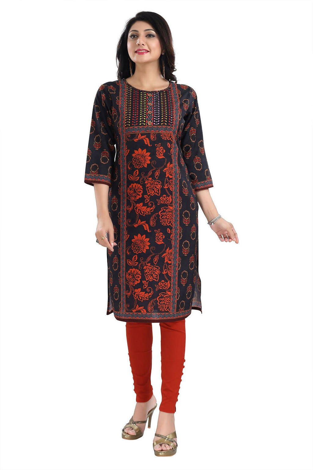 Snehal Creations Elegant Black Designer Digital Print Cotton Slub Fabric Long Kurti Tunic - Distacart