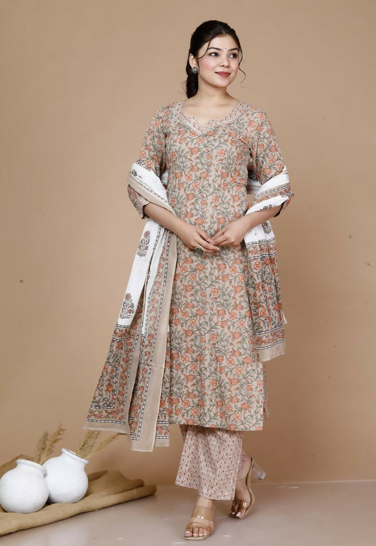 Miravan Women's Brown Floral Printed Gotta Patti Kurta With Palazzo And Dupatta Set