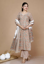 Miravan Women's Brown Floral Printed Gotta Patti Kurta With Palazzo And Dupatta Set