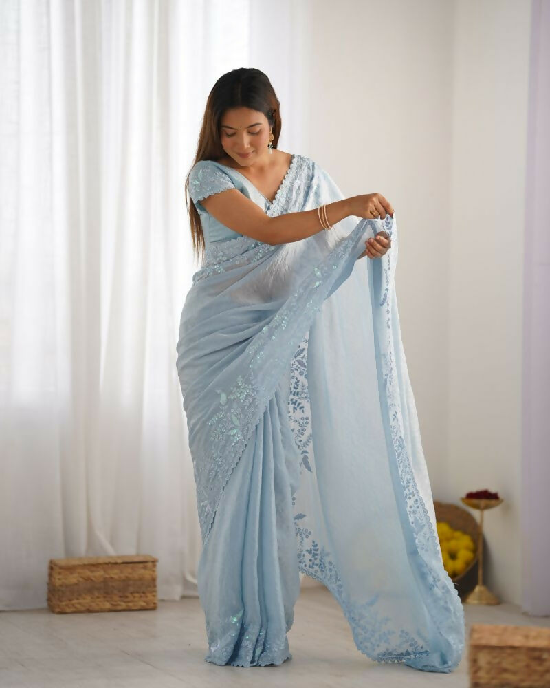 Vamsee Onam Sky Crushed Fandy Tissue Silk Saree