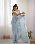 Vamsee Onam Sky Crushed Fandy Tissue Silk Saree