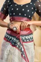 Vastranavya Digital Printed Linen Ready To Wear Pocket Saree with Unstitched Blouse - Distacart
