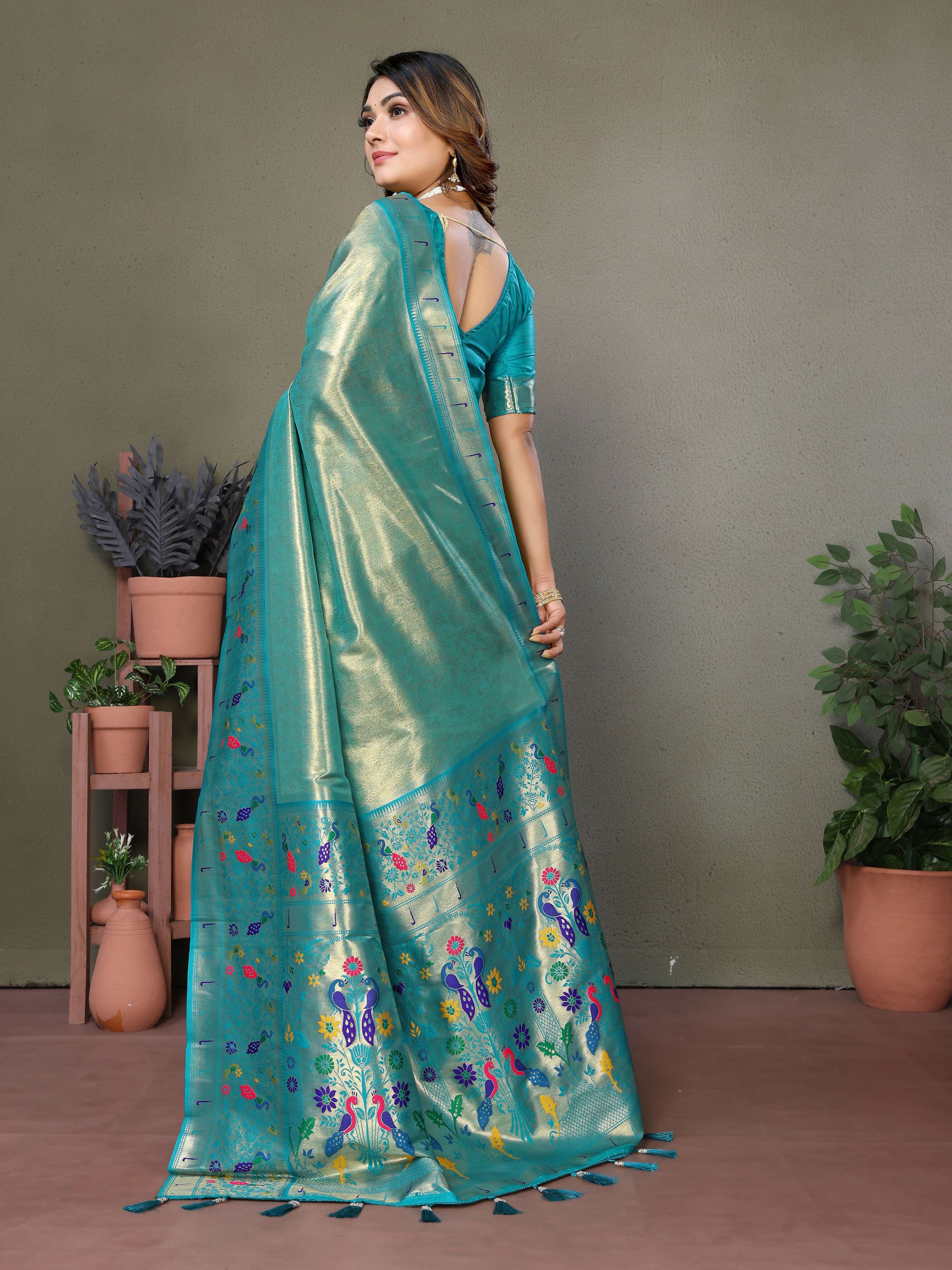 Aastha Fashion Sea Green Tissue Silk Paithani Woven Saree - Distacart