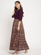 Ahalyaa Women's Wine Georgette Gold Foil Print Flared Kurta With Dupatta