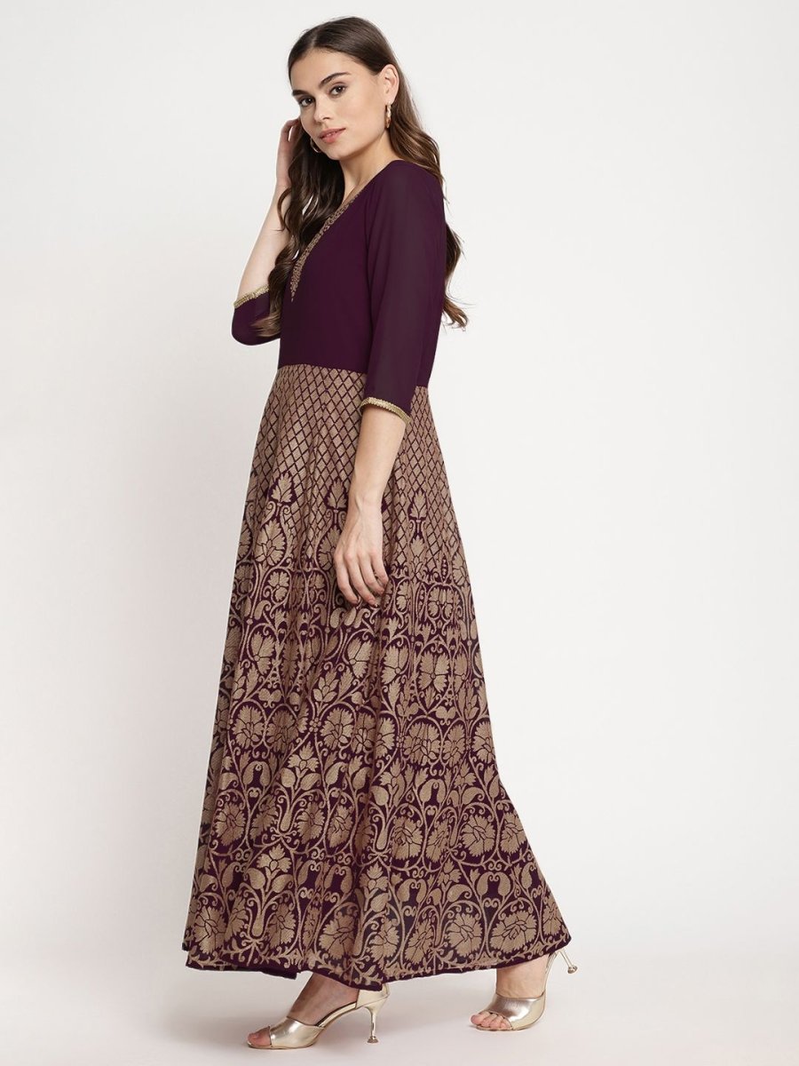 Ahalyaa Women's Wine Georgette Gold Foil Print Flared Kurta With Dupatta